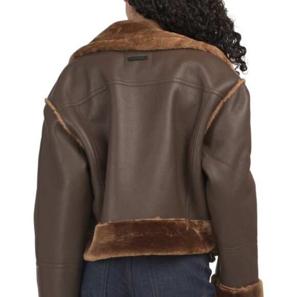 NEW HUDSON Cropped Faux Leather And Shearling Aviator Jacket in brown 1025 4m2 - Picture 4 of 6